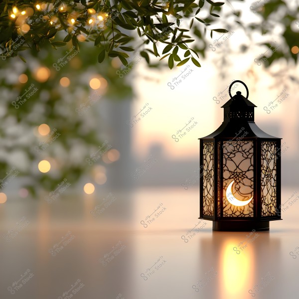 A decorative lantern with intricate Islamic design stands on a softly lit surface at sunset. The lantern features a crescent moon pattern, while scattered lights in the background along with hanging leaves contribute to a tranquil and serene atmosphere.