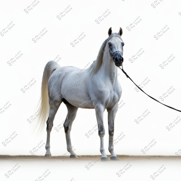 Image of a purebred Arabian horse with a white coat standing on a sandy ground. The horse features a well-proportioned body with subtle grey markings and is wearing a black halter connected to a lead held by someone off-frame. The background is white, highlighting the horse\'s distinct silhouette.