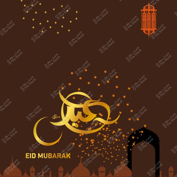 تصميم معايدة عيد مبارك بالخط العربي مع نجوم وفانوس وزخارف إسلامية على خلفية بنية.