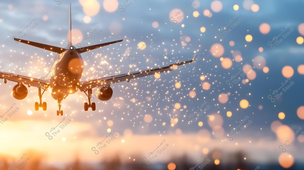An airplane flying in the sky during sunset, surrounded by bright, star-like lights. The background horizon displays the warm colors of sunset with light clouds.