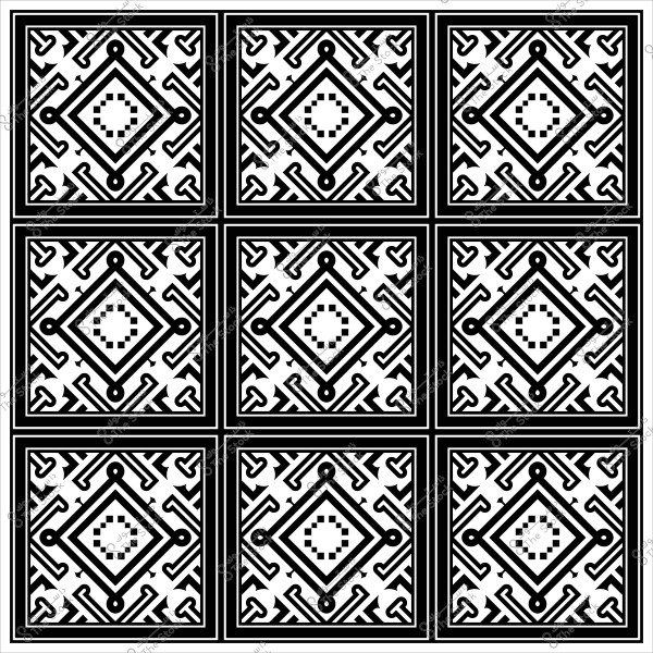 Geometric pattern design composed of repeating black and white squares, featuring interlocking and symmetrical shapes.