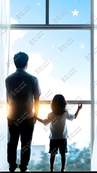 The image shows the silhouettes of a man and a child standing in front of a large window. The man is wearing a short-sleeved striped shirt and trousers, while the child is in a white short-sleeved shirt and shorts. The blue sky with a few white stars fills the background, creating a dreamy atmosphere.