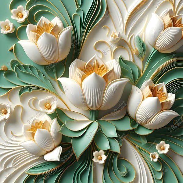 Artistic image depicting lotus flowers in a 3D paper-crafted design. The flowers are white with golden centers, surrounded by green leaves and decorative curves. The design features intricate details with a background that is a blend of white and pale green.