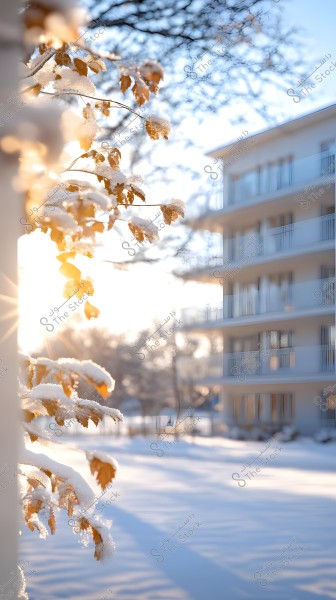 A natural scene depicting a tree branch covered in snow with orange leaves under bright sunlight, creating a warm glow in the image. In the background, a white residential building with balconies overlooks a snow-covered yard.