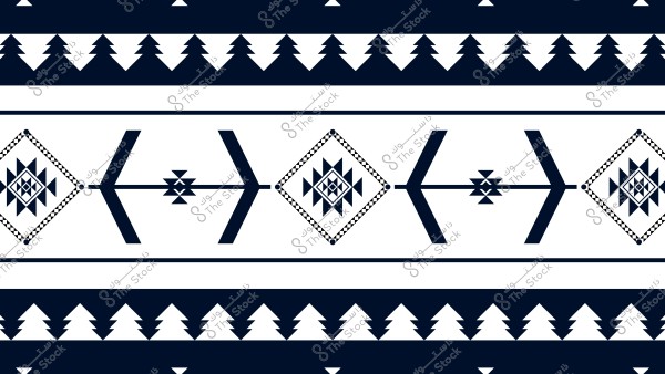 نمط هندسي بالأزرق الداكن والأبيض يتميز بأشكال مثلثة ودوائر داخل معينات, وأشكال شجرية كالفيروز. التصميم يمتاز بالتكرار والتناظر, موحٍ بالثقافة القبلية أو التقليدية.