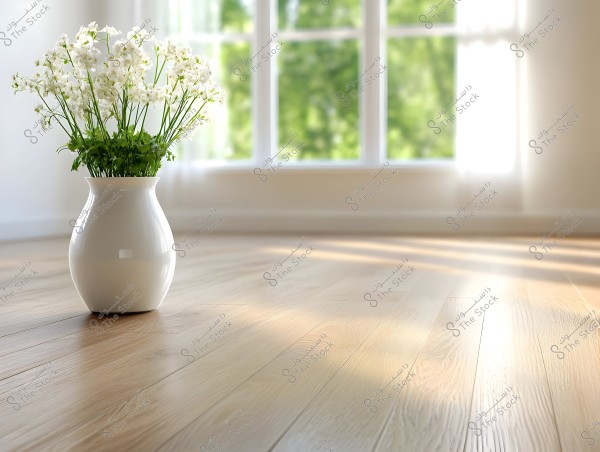 A white vase filled with white flowers placed on a wooden floor in a bright room. In the background, a large window allows natural light to enter, creating a calm and warm atmosphere.