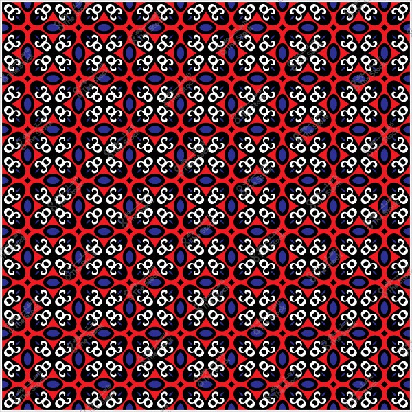 نمط متكرر بألوان الأحمر والأسود والأزرق, يحتوي على أشكال مزخرفة بيضاء.