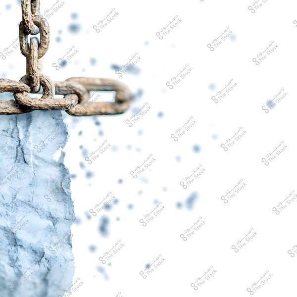 Image of a large corroded metal chain holding a piece of ice, with a white background featuring scattered ice droplets around the chain, creating an impression of intense coldness and breaking free from constraints.