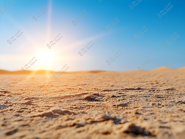 The image depicts a natural scene of a vast desert glowing under bright sunlight. The sand stretches in all directions, with golden sun rays illuminating the horizon. The sky is clear blue with no clouds.