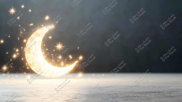 An image of a glowing crescent moon with sparkling stars scattered around it. The dark background creates a magical and whimsical effect. The dark sky highlights the golden crescent and twinkling stars, giving a sense of tranquility and beauty.