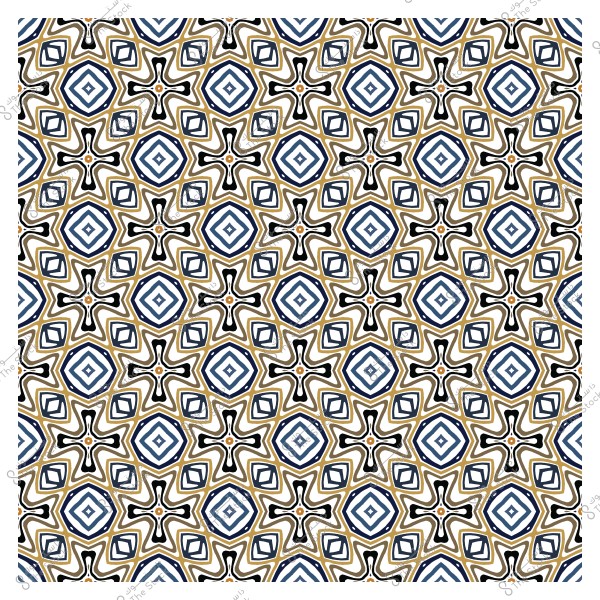 تصميم نمط هندسي ملون بخطوط متموجة وأشكال متكررة باللون الأزرق, الأسود والبني.