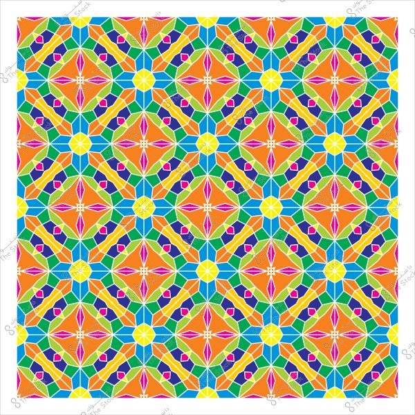 نمط هندسي ملون مستوحى من الزخرفة الإسلامية التقليدية, يظهر بألوان متعددة مثل البرتقالي والأزرق والأخضر والأصفر.