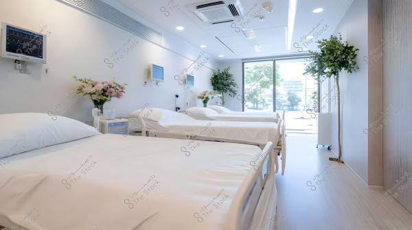A modern, bright hospital room featuring three white beds covered with clean sheets. Medical monitoring screens are mounted on the walls. Decorative flowers and plants add a touch of beauty to the room. A large window provides natural light and opens to an outside view of trees and buildings.
