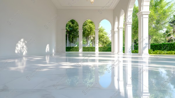 An image depicting an outdoor colonnade with architectural decor featuring long arches and white columns. Sunlight is reflected on the glossy marble floor, and lush green trees are visible through the arches, creating a calm and serene atmosphere.