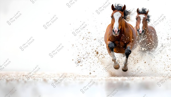 Two brown horses running at high speed on sand, kicking up dust into the air. The background is completely white, highlighting the vivid details of the horses and their dynamic movement.