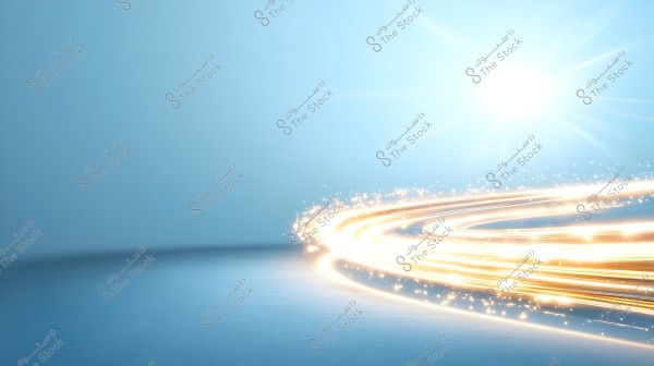 An abstract image featuring glowing golden light trails on a soft blue background. The trails extend in a circular fashion, resembling sparkling particles scattered in space, creating a sense of movement and energy.