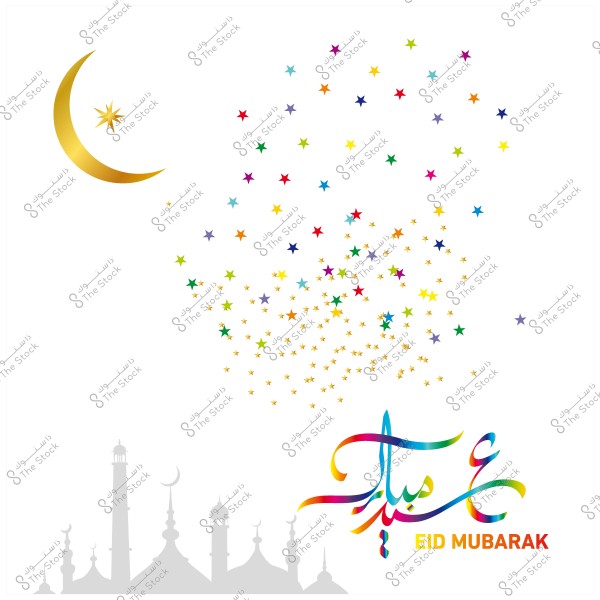 تصميم بطاقات عيد مبارك مع هلال ذهبي ونجوم ملونة وخلفية لمسجد رمادي