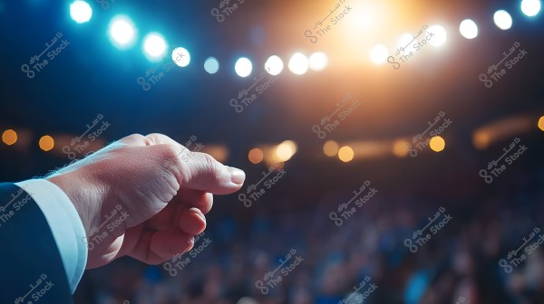 Image depicts a person\'s hand pointing towards a dimly lit stage or platform with bright lights in the background and a blurred audience. The focus is on the hand wearing a formal suit, suggesting a lecture or presentation setting.