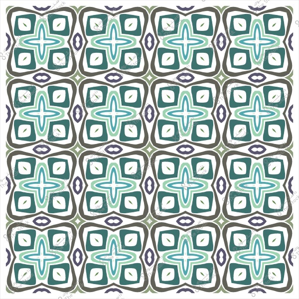 نمط هندسي متكرر بألوان خضراء وزرقاء وخطوط متداخلة تشكل زخرفة مربعة الشكل.