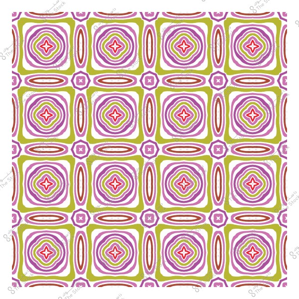 نمط هندسي متماثل بأشكال دائرية وخطوط ملونة بالوردي والأخضر.