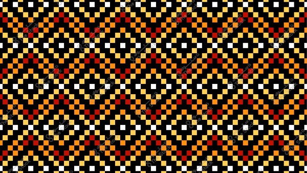 تصميم هندسي ملون يتضمن نمطاً مكرراً من الخطوط المتقاطعة بألوان الأحمر والبرتقالي والأصفر والأبيض على خلفية سوداء. الأشكال المربعة تشكل نماذج ماسية وزخارف معقدة.