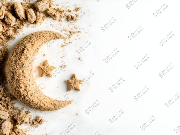 Image depicting a crescent moon made of sand or flour, with two stars also made from the same material, placed on a white background. Some scattered crumbs are visible in the upper left corner.
