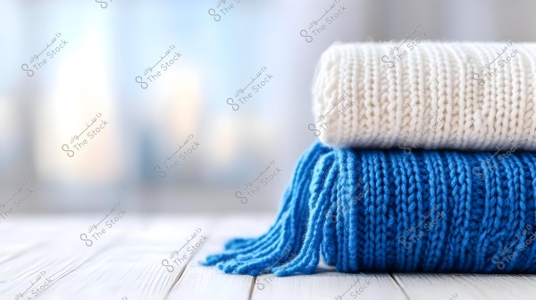 An image featuring two knitted blankets placed on a white wooden surface. The blankets are neatly folded, with the bottom blanket in blue, featuring fringes, and the top blanket in white. The background is blurred, highlighting the knitted texture of the blankets.