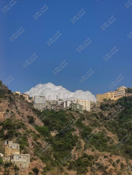تظهر الصورة مجموعة من المباني بألوان متعددة تقع على سفح جبل مغطى بالأشجار والنباتات الخضراء. في الأعلى, تتراكم السحب البيضاء الكبيرة في السماء الزرقاء الصافية.