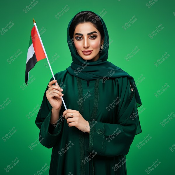 A portrait of a woman wearing a dark green abaya and matching hijab, standing against a bright green background. She holds a small flag displaying the colors of the UAE flag: red, black, white, and green.
