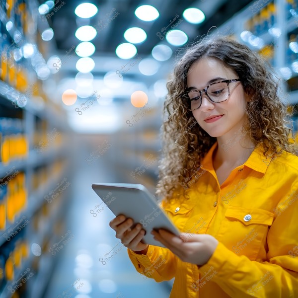 A woman with curly hair and glasses wearing a yellow shirt stands in an aisle with high shelves in a warehouse or library, holding a tablet and appearing focused. The background lights are circular and blurred, adding a modern touch to the image.