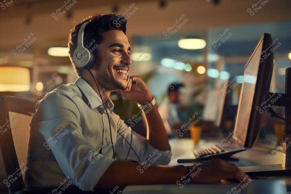 صورة لرجل يجلس أمام شاشة كمبيوتر في مكتب مضاء بإضاءة دافئة, يرتدي سماعات رأس وقميصًا بأكمام طويلة, ويبدو سعيدًا بينما يتحدث إلى شخص ما. تظهر تفاصيل البيئة المكتبية في الخلفية مع أضواء ساطعة وأشخاص آخرين يعملون.