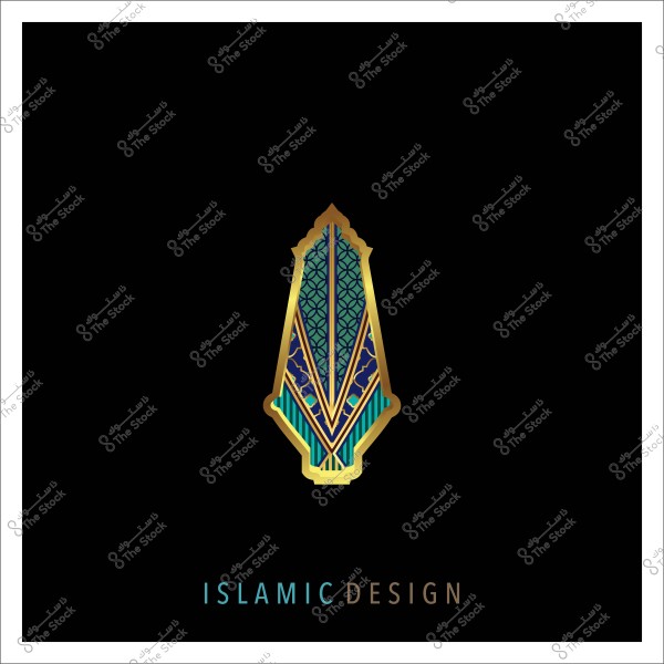 تصميم زخرفة إسلامية بألوان زرقاء وذهبية وخضراء مع كتابة "ISLAMIC DESIGN" باللونين الأزرق والذهبي في الأسفل.