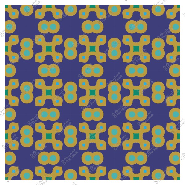 نمط هندسي متكرر بأشكال ثمانية وأشكال متشابكة بلون ذهبي وأخضر على خلفية زرقاء داكنة.