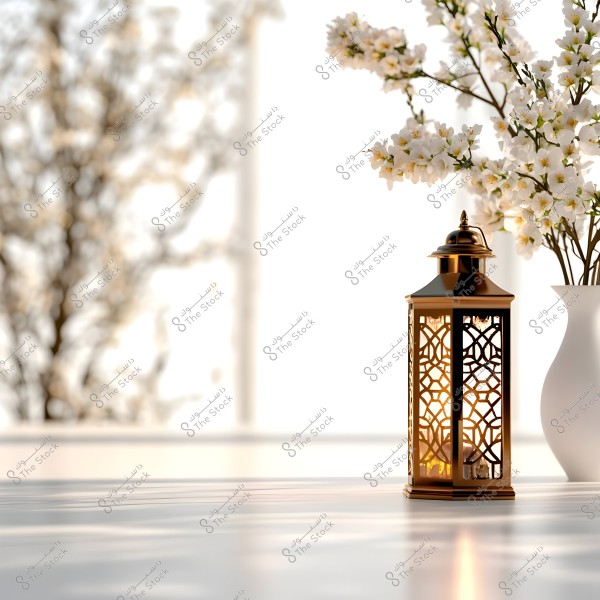 An image showing an ornate golden lantern placed on a white table in front of a bright window. The lantern is lit with a warm glow. Beside the lantern, there is a white vase containing beautiful white flowers. In the background, blurry trees are visible outside the window.