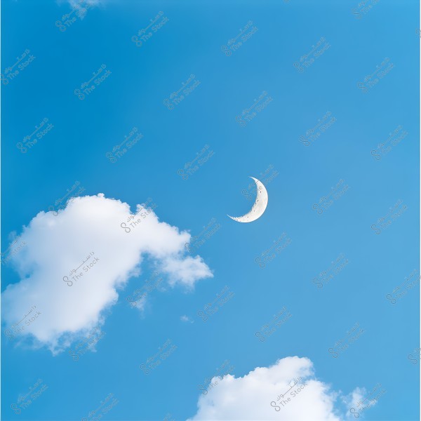 A clear blue sky with a few scattered white clouds. The crescent moon is prominently visible on the right side of the image, shining brightly in the daylight.