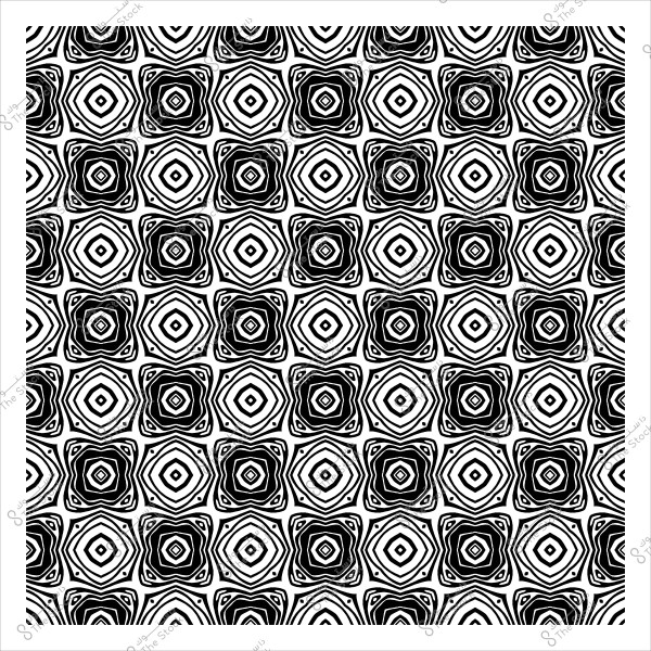 نمط هندسي متماثل بالأبيض والأسود يتكون من أشكال مربعة وزخارف دائرية متكررة.