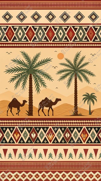 لوحة زخرفية تحتوي على نمط تقليدي يتضمن صوراً لجمال تسير بين أشجار النخيل تحت سماء صافية مع شمس غاربة في الأفق. الخلفية مزينة بتصاميم هندسية بدوية بألوان دافئة مثل الأحمر والخمري.