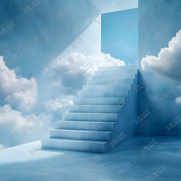 An image of a staircase leading into the sky in a surreal scene. The staircase appears to be made of a marble-like material, surrounded by soft clouds in white and blue hues. There is an opening at the top resembling a door to the blue sky, giving an impression of transitioning from the earth to the sky.