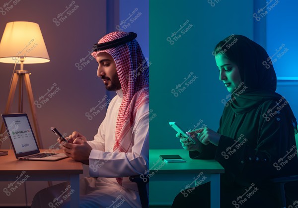 A composite image of a woman wearing a black abaya and hijab, and a man in traditional Gulf attire of white and red. They are seated at a desk illuminated with blue and warm tones, each using a mobile phone. The woman is focused on her phone with a notebook beside her, while the man is focused on his phone in front of an illuminated laptop. The scene suggests interaction with technology.