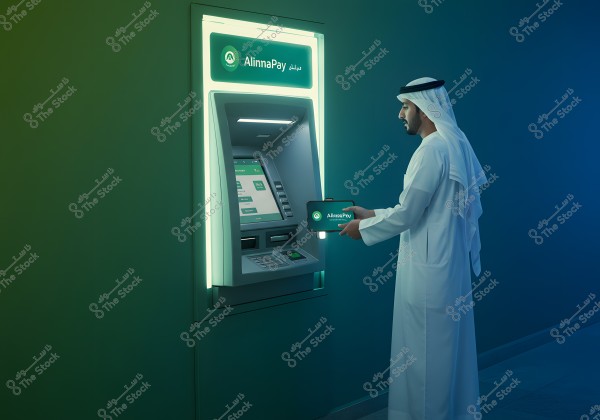 A man wearing traditional Gulf attire in white stands in front of an ATM machine with a screen displaying the \"AlinnaPay\" logo. He is holding an electronic tablet showing the same logo. The surrounding wall and context feature blue and green hues.