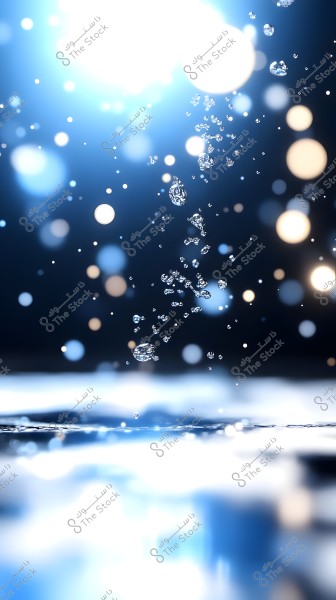Water droplets falling through the air with a bright background of blue and white blurred lights. The image highlights the beauty in motion and precision in detail, giving a sense of calmness and purity.