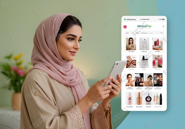 Image of a young woman wearing a pink hijab and a beige abaya with embroidery. She is holding a smartphone displaying the AlinmaPay app with various beauty products. The background features soft colors and colorful flowers.