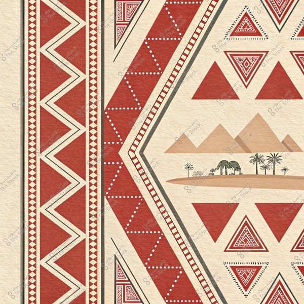 تصميم تقليدي يتضمن أنماطًا هندسية حمراء وبيضاء مثلثية الشكل على خلفية بيج. يوجد في الجانب الأيمن مشهد صغير للصحراء يشمل جملًا, ونخيلًا, وجبالًا. التصميم يحمل طابعًا عربيًا أصيلًا يعكس ثقافة وتراث المنطقة.