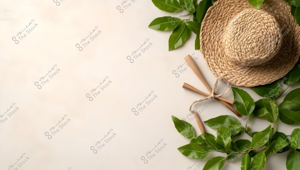 A straw hat placed on a white background with green leaves scattered around it. The hat appears to be made from natural materials, and next to it are several wooden sticks tied with a string.