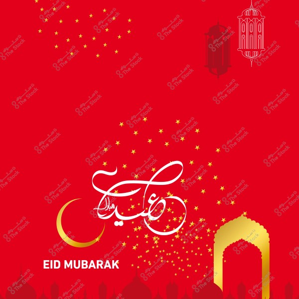 خلفية حمراء مع زخارف ذهبية تتضمن هلال ونجوم وكلمة "عيد مبارك" بالإنجليزية والعربية.