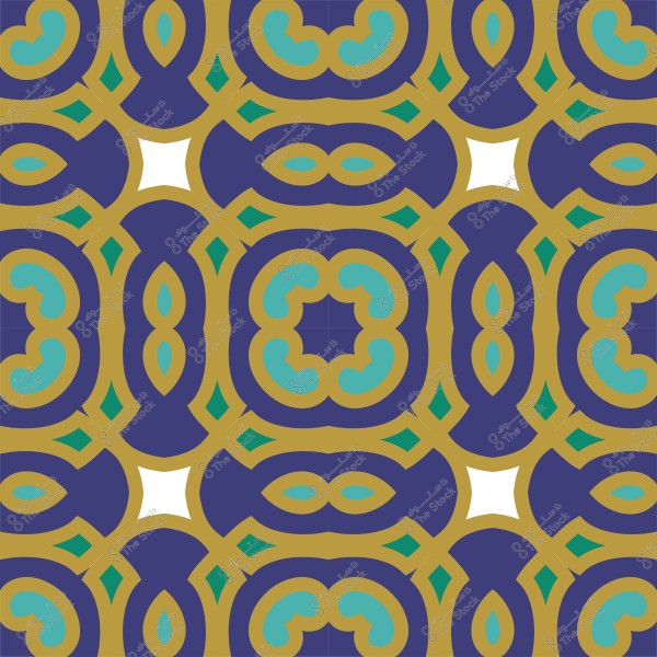 تصميم هندسي بزخارف متداخلة بألوان خضراء وزرقاء وذهبية.
