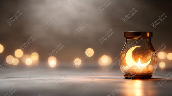 Image of a lit candle placed inside a glass jar with engravings of a crescent moon. The candle provides a warm glow with a bokeh effect in the background, creating a serene and calm atmosphere.