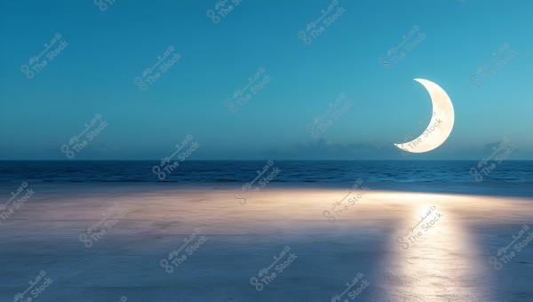 A scenic view featuring a crescent moon illuminating the sky above the ocean, with the light reflecting on the water\'s surface. The sky is clear with a calming blue hue, and the horizon fades into the distance.