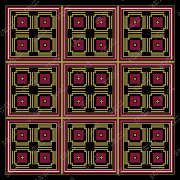 نمط هندسي مكون من مربعات مزخرفة بألوان أحمر وذهبي وأسود متكررة بشكل منتظم.