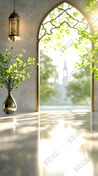 صورة تظهر مشهد داخلي مضاء بضوء الشمس الذي يمر عبر نافذة كبيرة بزجاج مصمم بأشكال إسلامية. في المقدمة, يوجد مزهرية معدنية لامعة تحتوي على نباتات خضراء نضرة. هناك ثريا معلقة من السقف مصنوعة من المعدن المخرم. في الخارج, يظهر منظر غير واضح لطبيعة خضراء ومعالم بناء في الأفق.
